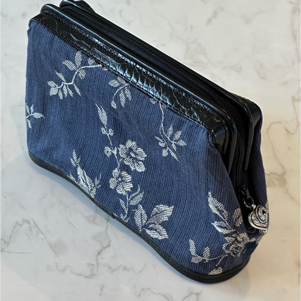 Brighton Blue Floral and Black Leather Zippered Pouch Clutch Bag